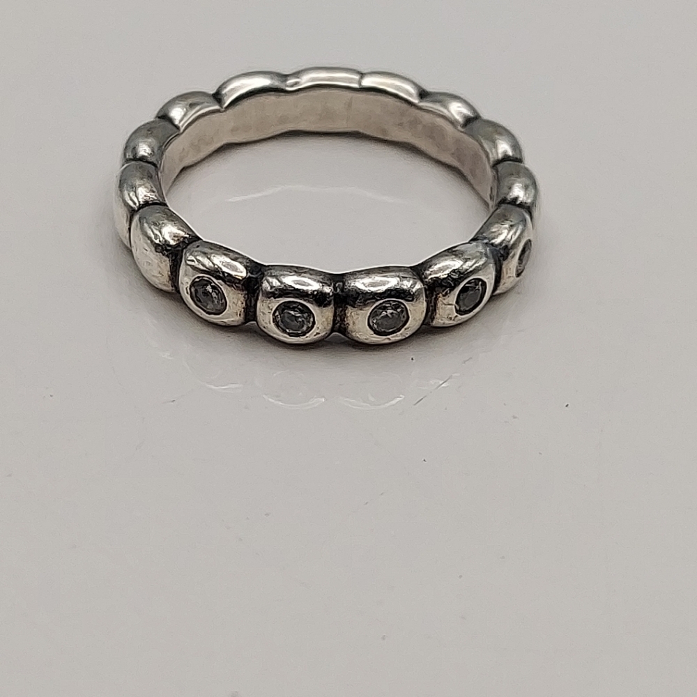 Pandora Vtg Sterling Silver Band Ring 7" w/crystals.